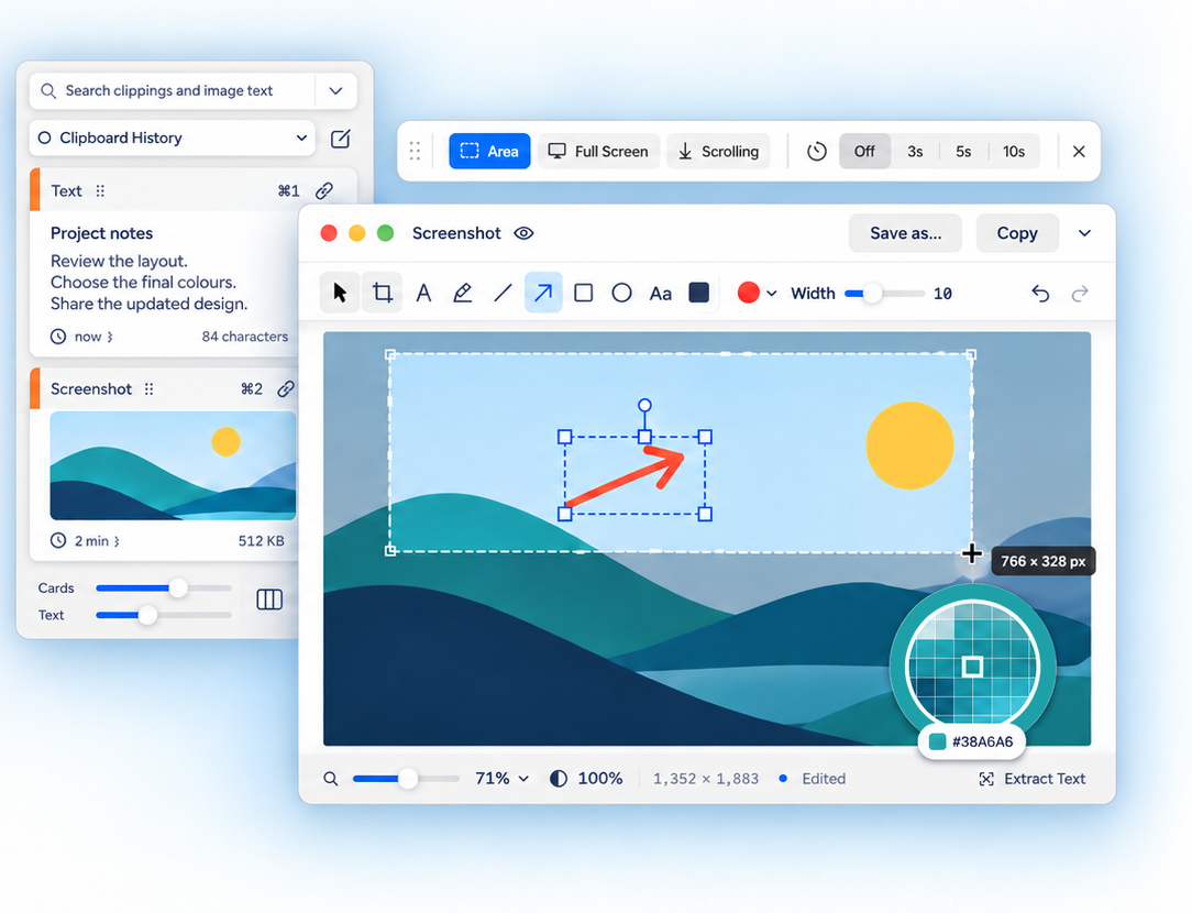 ClipSnapper interface illustration showing searchable clipboard history, screen capture controls, screenshot markup and a screen colour magnifier