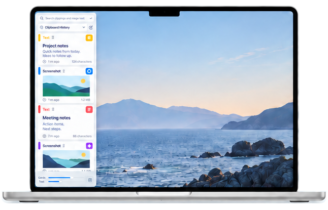 ClipSnapper interface illustration showing clipboard history on a MacBook
