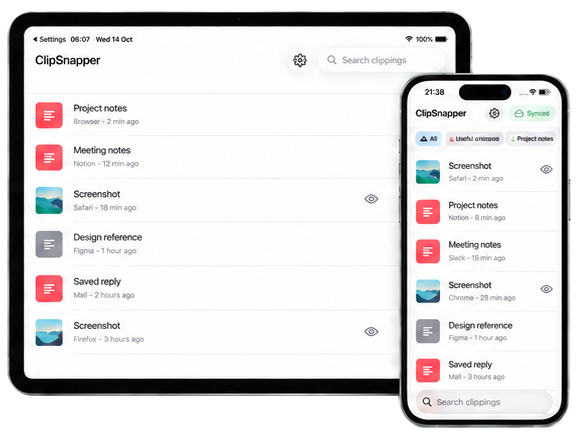 ClipSnapper interface illustration showing saved clippings on iPad and iPhone
