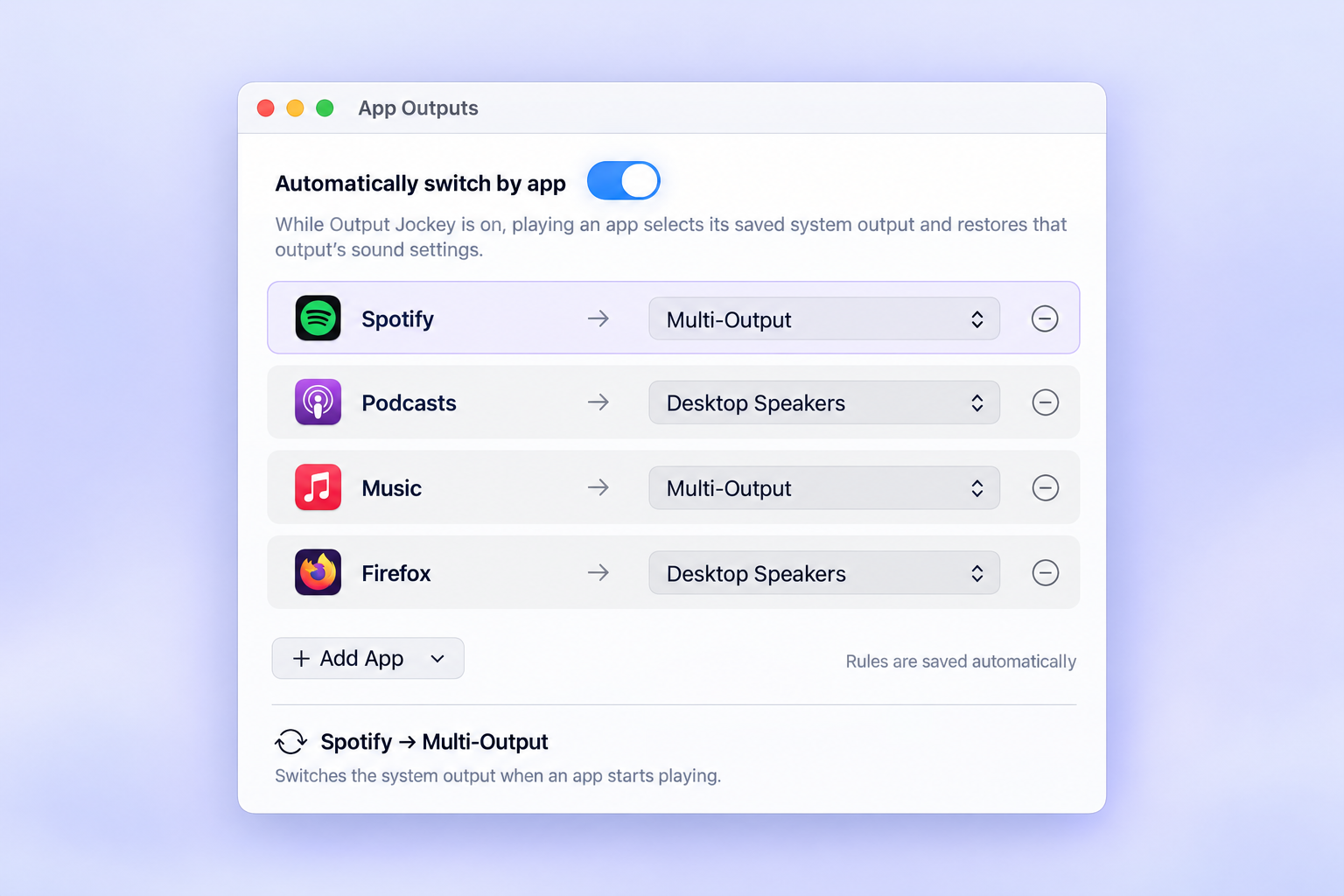 Output Jockey App Outputs window with automatic switching enabled: Spotify and Music use Multi-Output, while Podcasts and Firefox use Desktop Speakers.