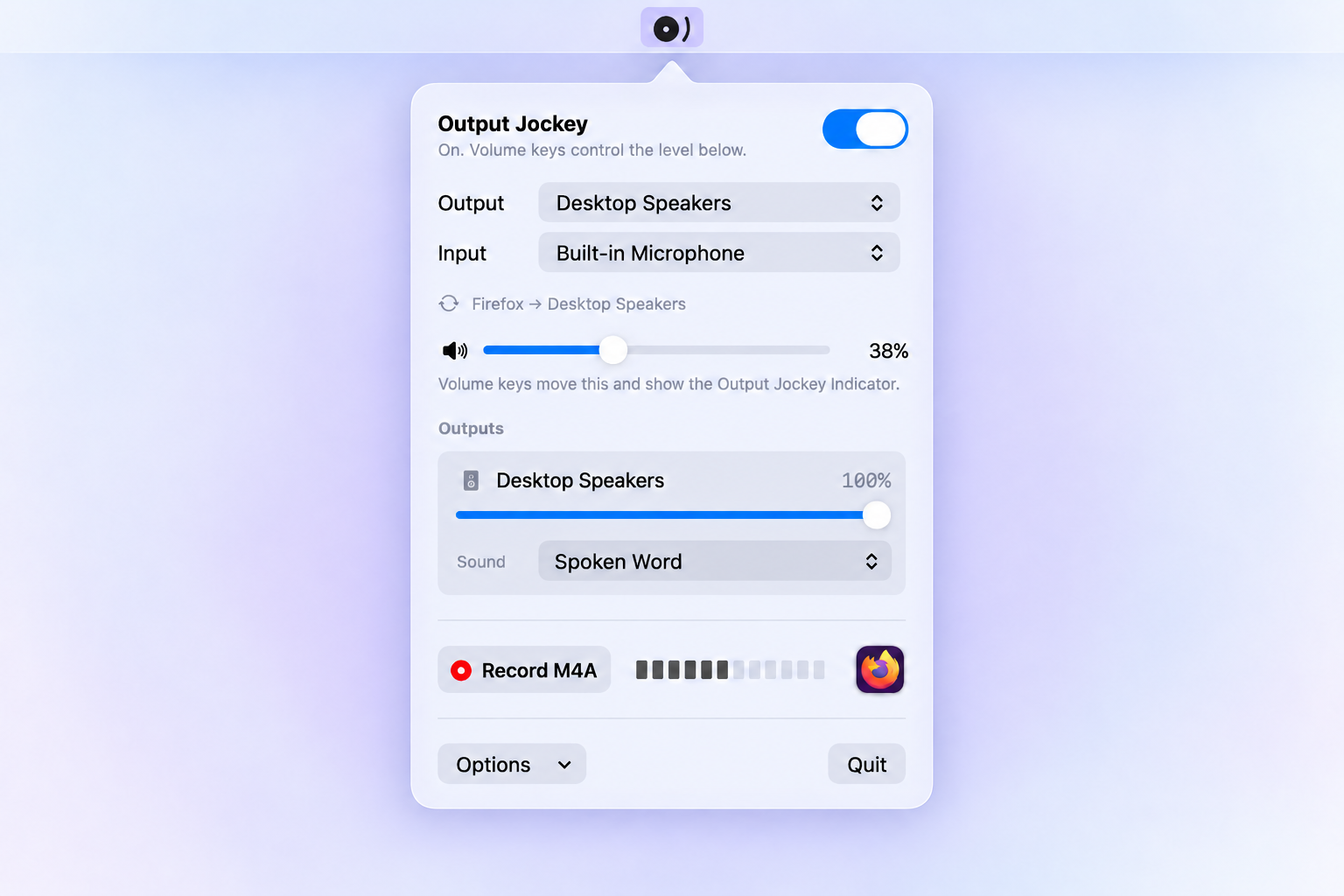Output Jockey on macOS with Desktop Speakers selected, volume at 38%, a Spoken Word sound preset and the Record M4A control.