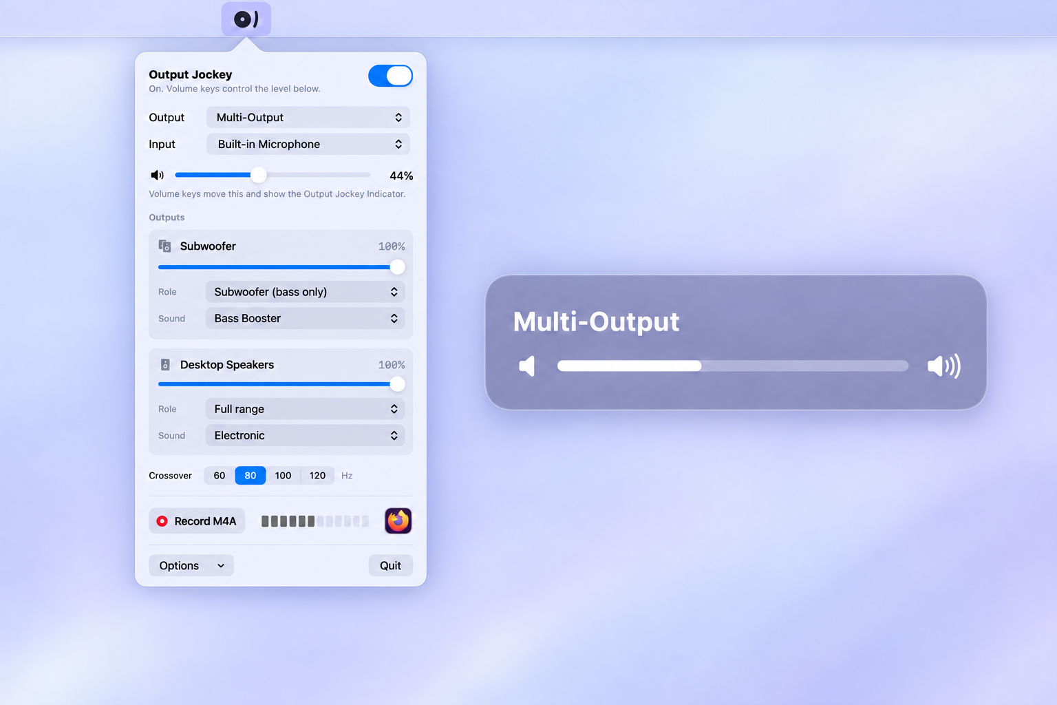 Output Jockey controlling a Multi-Output Device with subwoofer and desktop speaker levels, an 80 Hz crossover and a working on-screen volume indicator.