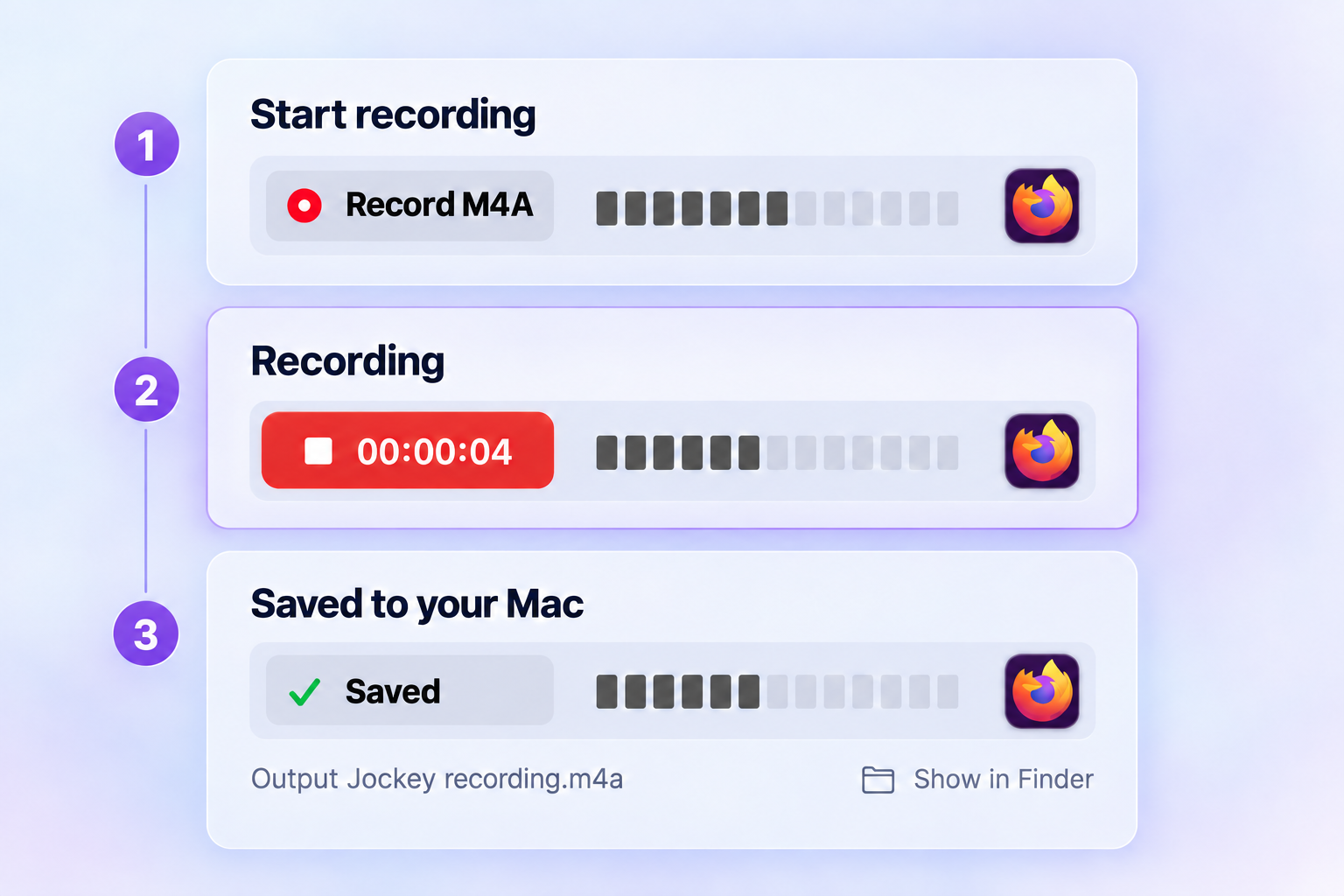 Record Mac system audio with Output Jockey: start with Record M4A, monitor the recording timer, then open the saved audio using Show in Finder.
