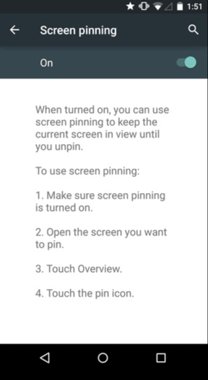 App pinning settings in an older version of Android