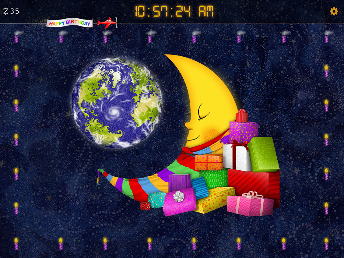 The birthday theme on the nighttime clock