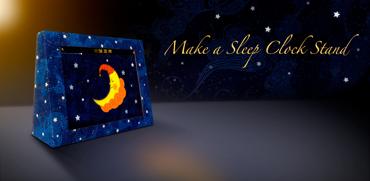 Cardboard tablet stand and hologram viewer for Sun to Moon Sleep Clock